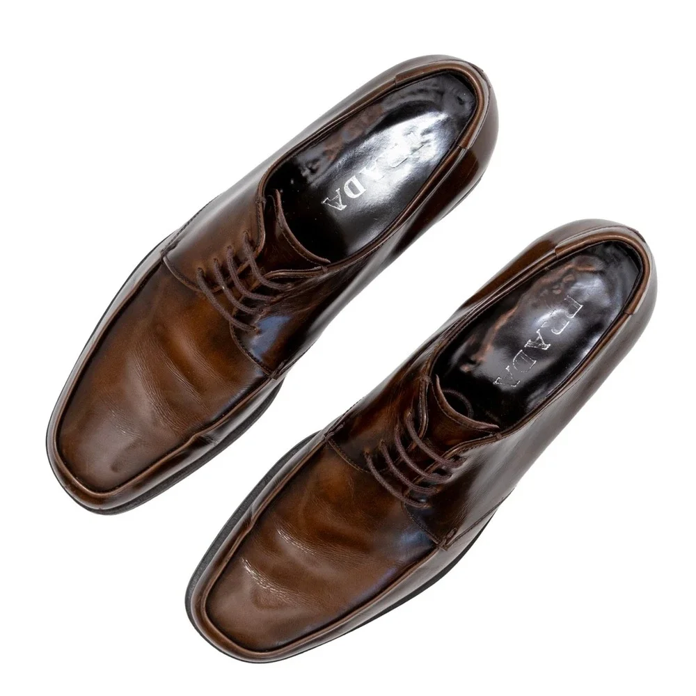 PRADA Brown Polished Leather Square Toe Derby Dress Shoes US‎ 8 UK 7